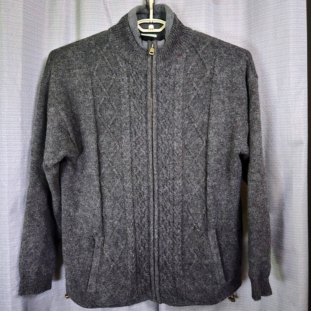 Aran Woollen Mills Mens XXL Grey Wool Full Zip Cable Knit Fleece Lined Sweater